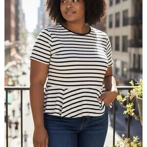 LAUREN RALPH LAUREN Peplum Top Black White Striped Short Sleeve